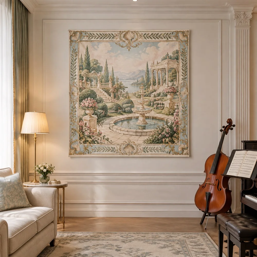VIKAMA Formal Garden Fountain Diagonal Flow Tapestry Wall Hanging, Neoclassical Wall Decor Tapestries for Bathroom Bedroom