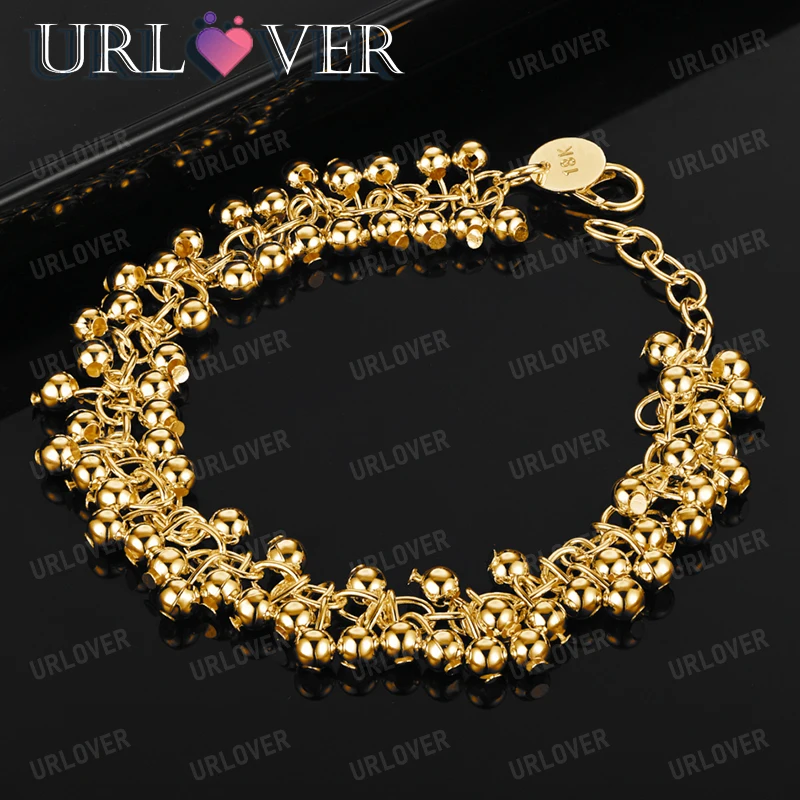 

URLOVER 18K Gold Smooth Multi-bead Chain Bracelets For Woman 925 Sterling Silver Bracelet Birthday Wedding Party Fashion Jewelry