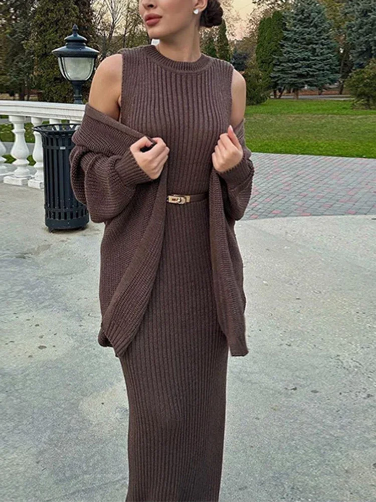 Casual Two-piece Set Women Knit Suit Solid Color Top and Tight High Waist O-Neck Long Dresses Autumn 2023