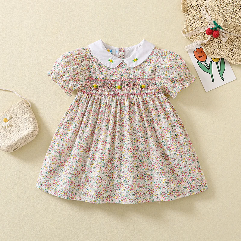 2024 New Little Girls Smock Short Sleeves Dress Children\'s Flower Smocking Dresses Embroidery Summer Baby Floral Frock Kids