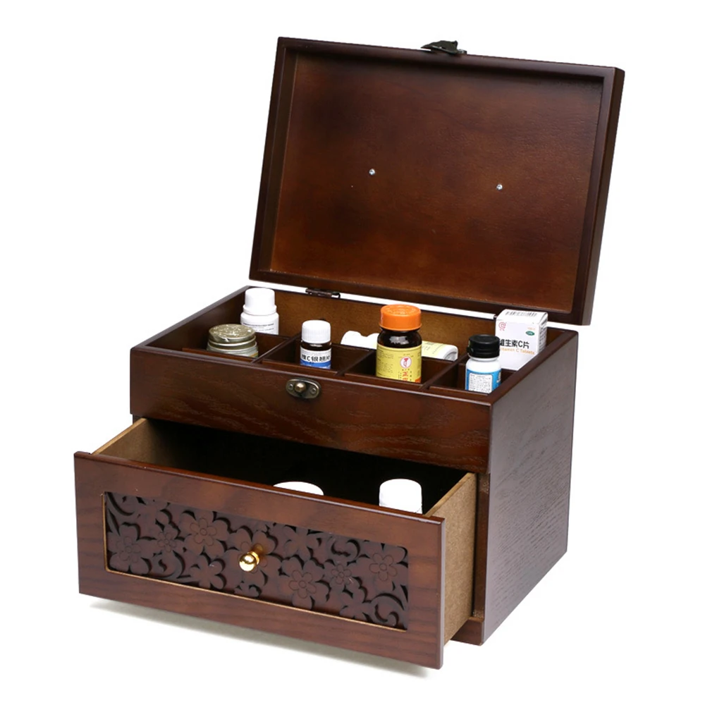 

Delicate Wood Medicine Storage Box Luxury Chinese Traditional Style Pill Box Jewelry Box