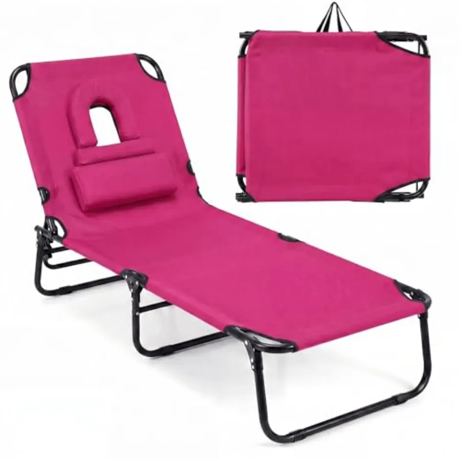 

Tanning Chair, Folding Beach Lounge Chair with Face Hole, Removable Pillow, Carry Strap, Position Adjustable, Sunbathing Chair,