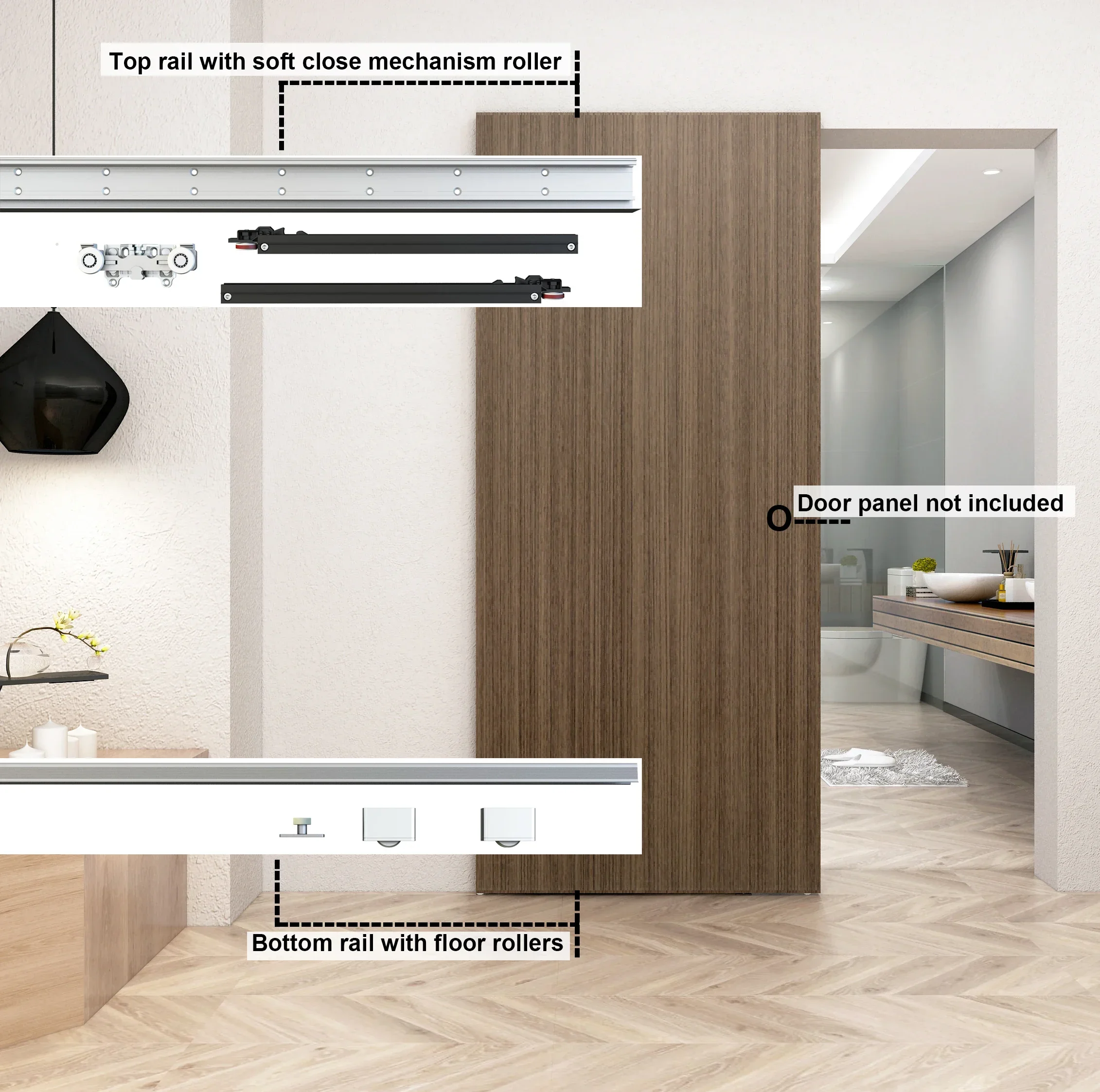 Concealed Sliding Barn Door Hardware Soft Closing Interior Wall Mount Floating Back Hidden Sliding Rail,No Floor Rail
