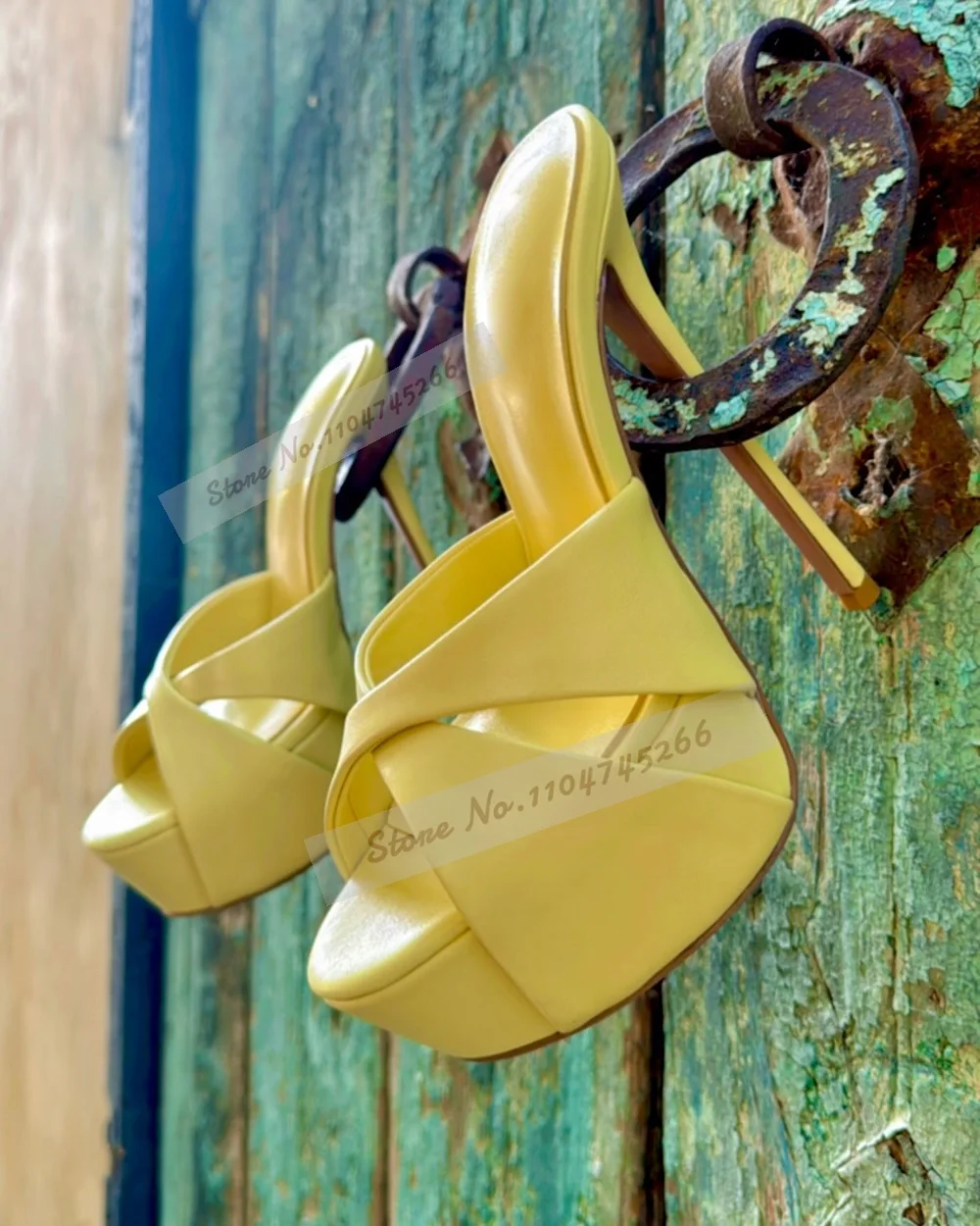 

Yellow Matte Stiletto Heels Mules Platform Cross Strap Outside Modern Slippers Slip-On Elegant Summer Dress Sandals Daily Pumps