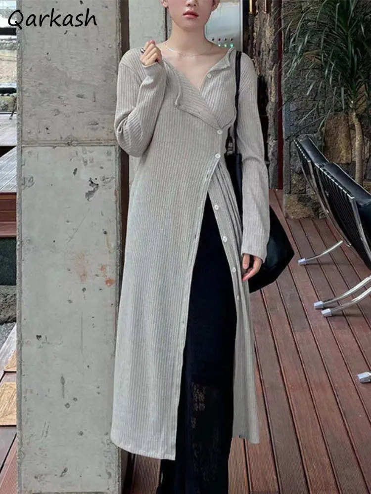 

Long Sleeve Knitting Dress Asymmetrical Button Design Mid-calf Spring Korean Style Basic All-match Temperament Aesthetic Tender