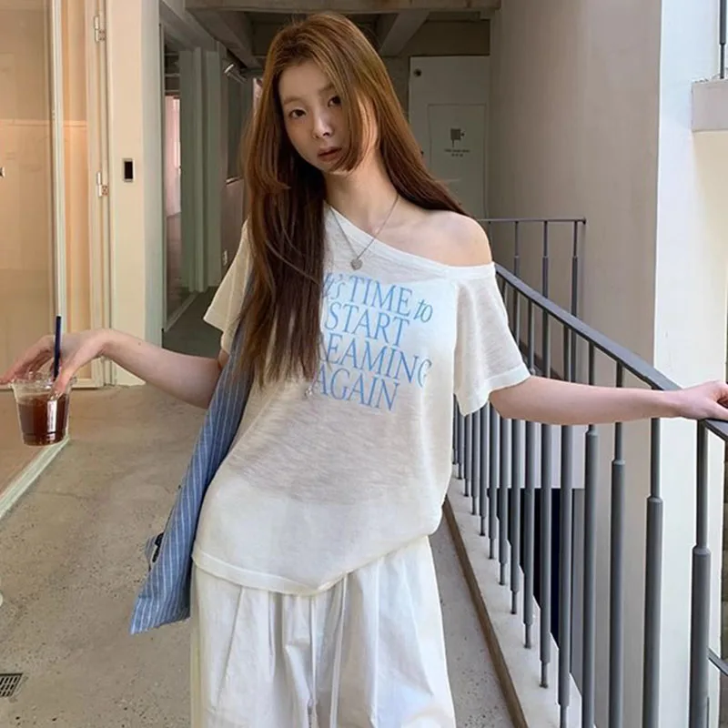Harajuku Letter Printing Skew Collar Tees Women Sexy Off Shoulder See Through Loose T-Shirt Summer Sun-Proof Short Sleeve Tops