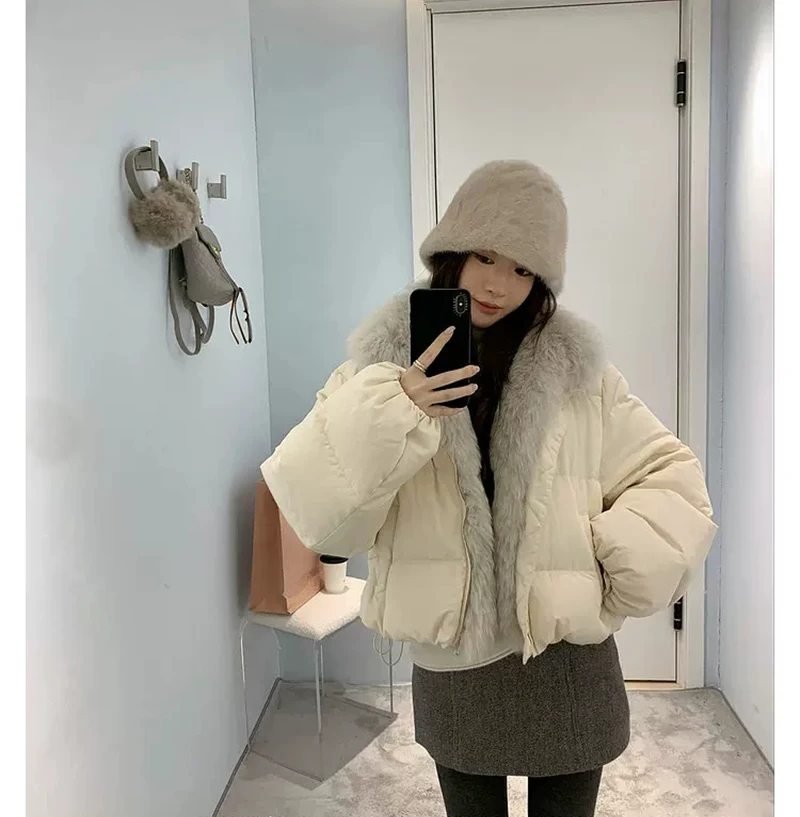 ZAROY Women's Winter Jacket Luxury Fox Fur Collar Puffy Thicken Warm Cotton Short Coat High Street Fashion Outwear Parkas куртка