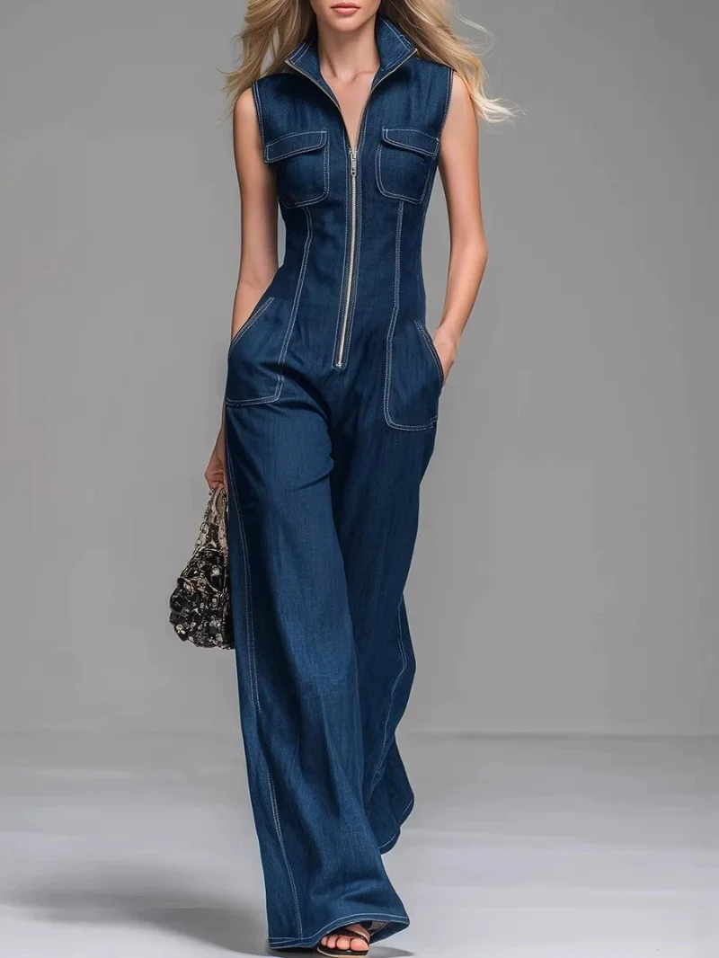 

Elegant Denim Jumpsuits Summer Clothing Women 2026 Sleeveless Zip Up Wide Leg Jeans Rompers Playsuits One Pieces Overalls Outfit