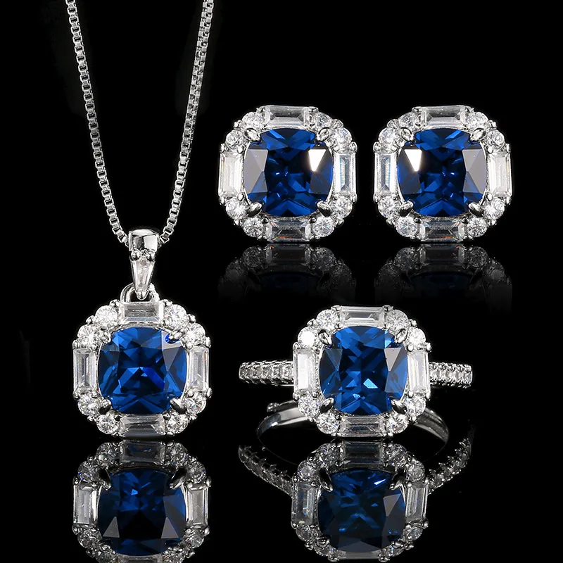 

Elegant Blue Sapphire Cushion Cut Jewelry Adjustable Ring Necklace Earrings Vintage Style for Women Perfect for Wedding Party