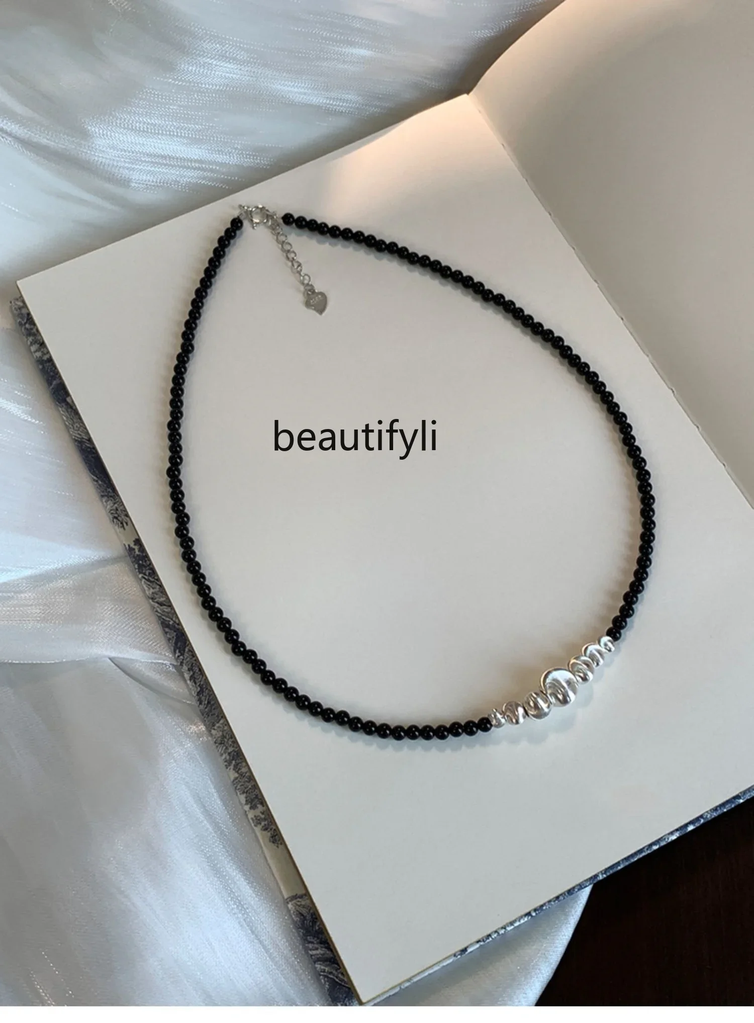 Black agate beaded necklace light luxury S925 silver brushed cat eye design neck chain niche premium collarbone chain