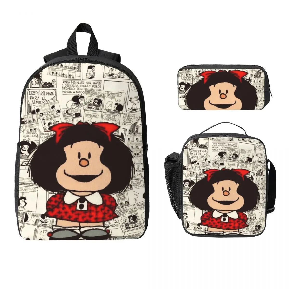

3 шт., школьные сумки с принтами Mafalda, набор для детей, сумки для ручек, наборы рюкзаков с коробкой для завтрака для школьников, рюкзак