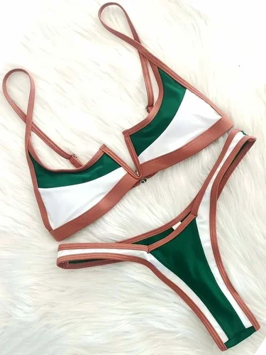 Bikini tipo Tanga en forma de V de mezclilla empalmado, traje de baño para mujer, traje de baño femenino, conjunto de Bikini de dos piezas, bañador con Push-Up, traje de baño para mujer