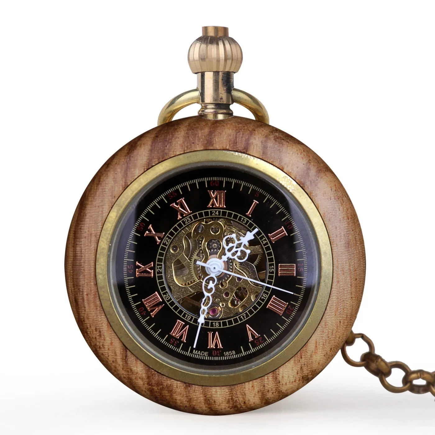 Reloj de bolsillo de madera completo con pantalla de números romanos clásicos, reloj mecánico colgante de bronce, cadena colgante, reloj Vintage nuevo