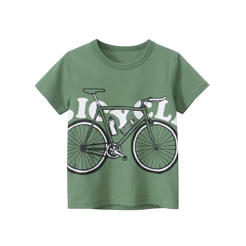 Camiseta infantil com estampa de bicicleta, manga curta, gola O, algodão, camiseta, roupas de meninos, moda infantil, verão, novo, 2024