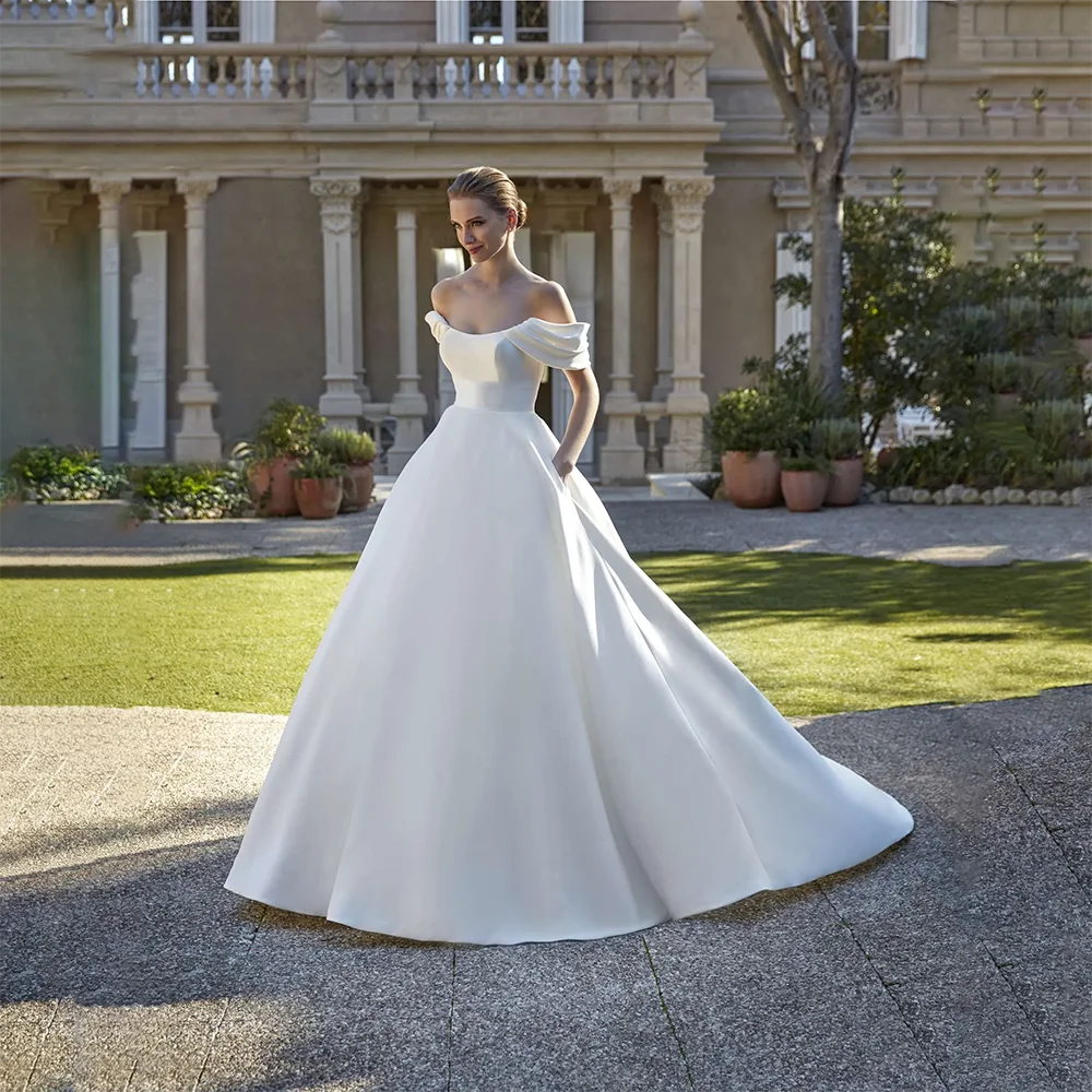 Simple Wedding Dresses Customized Off The Shoulder Pleat Satin Sweep Train Vestido De Noiva A Line Bridal Gown for Bride