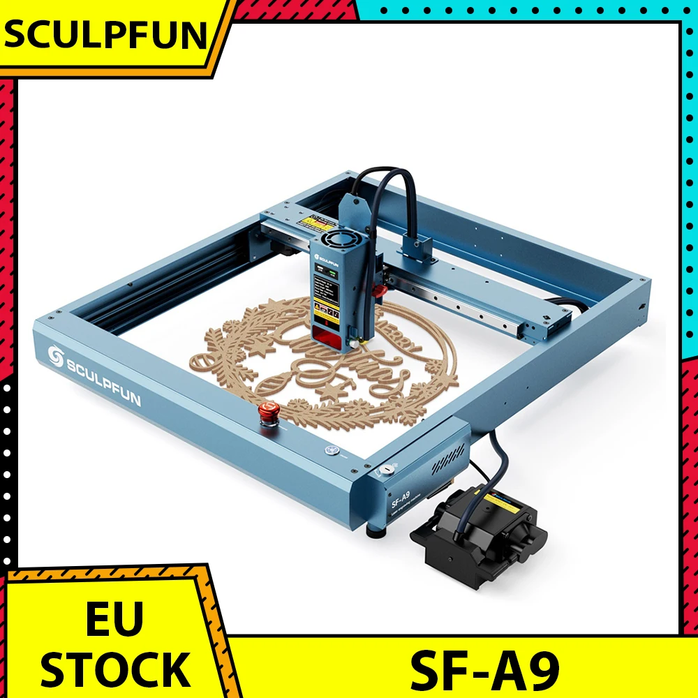 Graveur laser SCULPFUN SF-A9 40W avec assistance pneumatique, vitesse de gravure de 36 000 mm/min, USB/BT/WiFi, zone de gravure de 400x400 mm