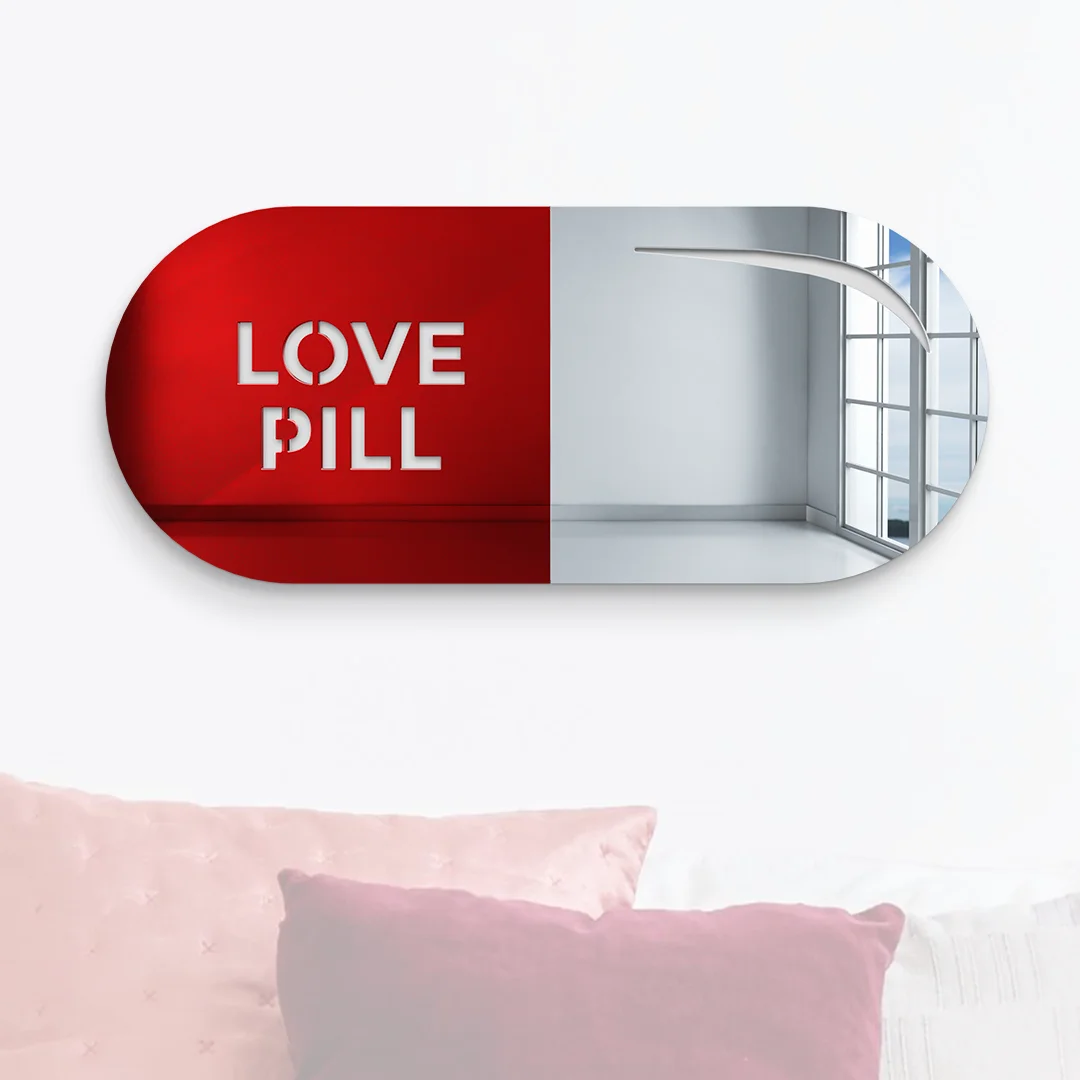 LOVE Pill 3D Mirror Wall Art Blue Pills Wall Decar 3D Wall Hanging Mirror for Bedroom Dorm Living Room