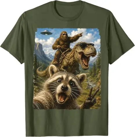 Raccoon Selfie Bigfoot T Rex UFO Funny Gifts Men Women Boys T-Shirt Y2k Art Raccoon Fans, Bigfoot Enthusiasts Aesthetic Clothes