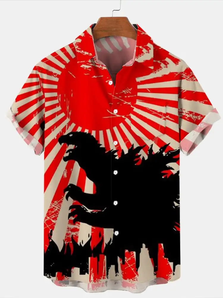 2024 New Men\'s Casual Shirt Lapel Short Sleeve 3D Printed Halloween Horror Print Single Breasted Shirt Men\'s Light Loose Clothes