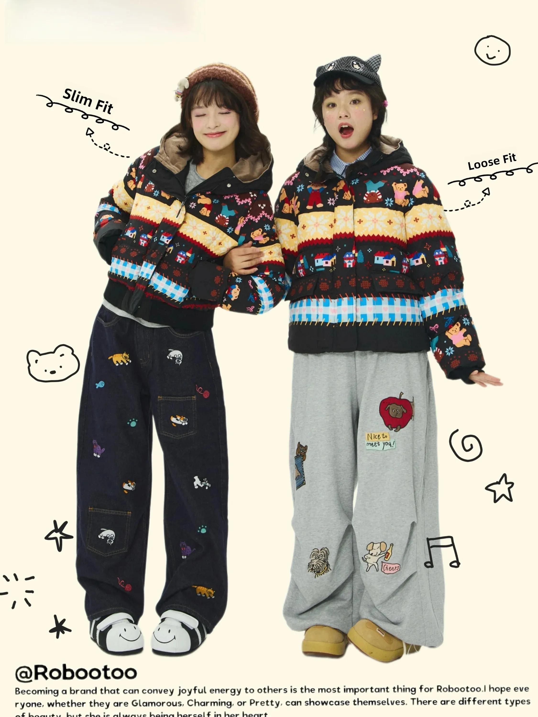 Robootoo Artist Collaborative Original Illustration Children's Cute Print Loose Fit Fleece Lined Slim Cotton Jacket Coat