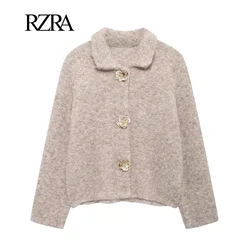 RZRA women's autumn and winter new 2024 knitted cardigan lapel flower breasted long sleeve sweater coat