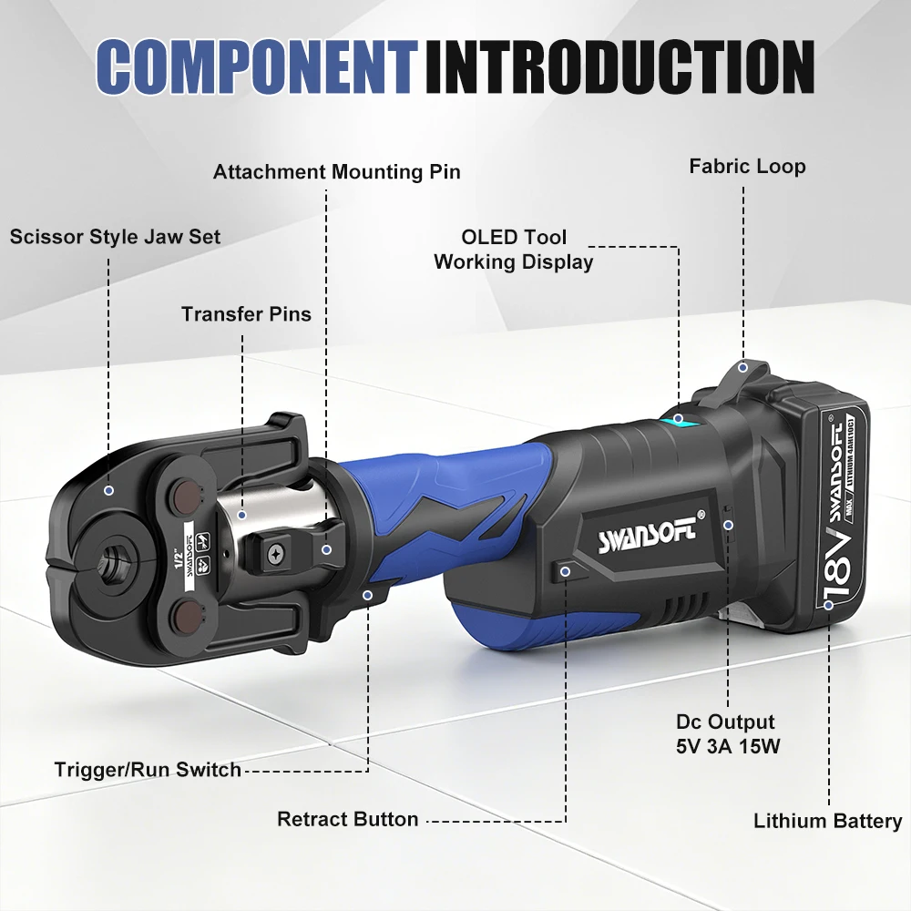 SWANSOFT Pro Press Tool SP-12522 18V 4Ah Battery Electric Hydraulic Crimping Tool for Copper Pipes with 3 US Compact VUS 1/2