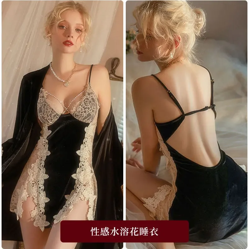 กํามะหยี่ Nightgown ผู้หญิง,ฤดูใบไม้ร่วงและฤดูหนาว Pure Desire เซ็กซี่กระโปรงสั้นชุดนอน Nightgown ชุดน้ํา