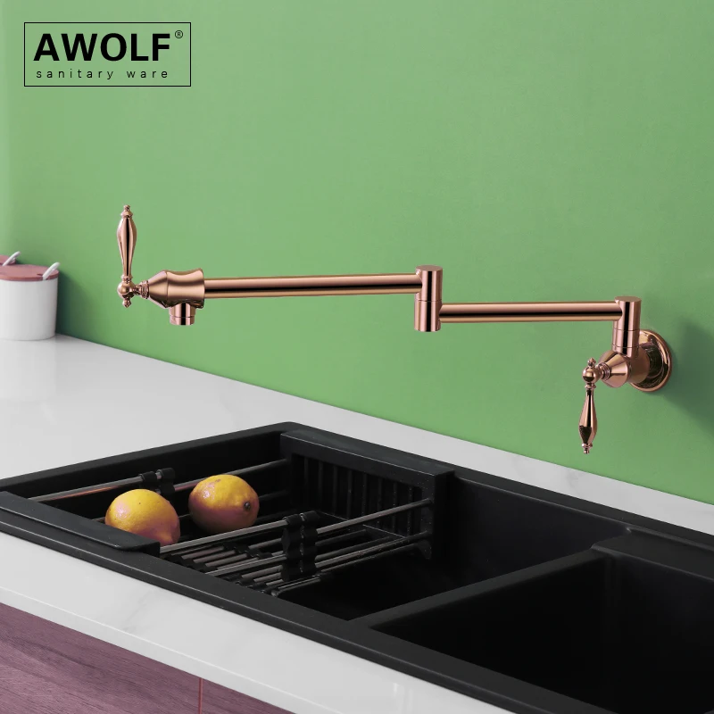 Awolf Pot Filler Solid Brass Kitchen Folding Faucet Brushed Grey Wall Mounted 360 Degree Rotation Tap Rose Gold Chrome FW011