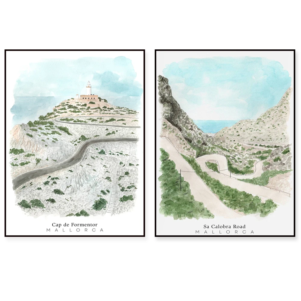 Barcelona, Plaza Reial, Las Ramblas, Sa Calobra Road, Cap de Formentor, Mallorca España, póster artístico de viaje en acuarela