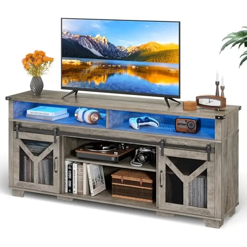 Entertainment Center TV Stand 75-inch Barn Doors LED Lights Storage Cabinets Farmhouse Style Media Console Table Wood Display