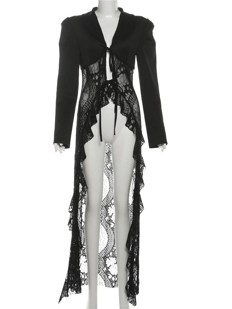 Kliou malha retalhos casacos longos mulher outono tendência rendas cardigan manga cheia estilo de rua alta sexy moda elegante jaqueta