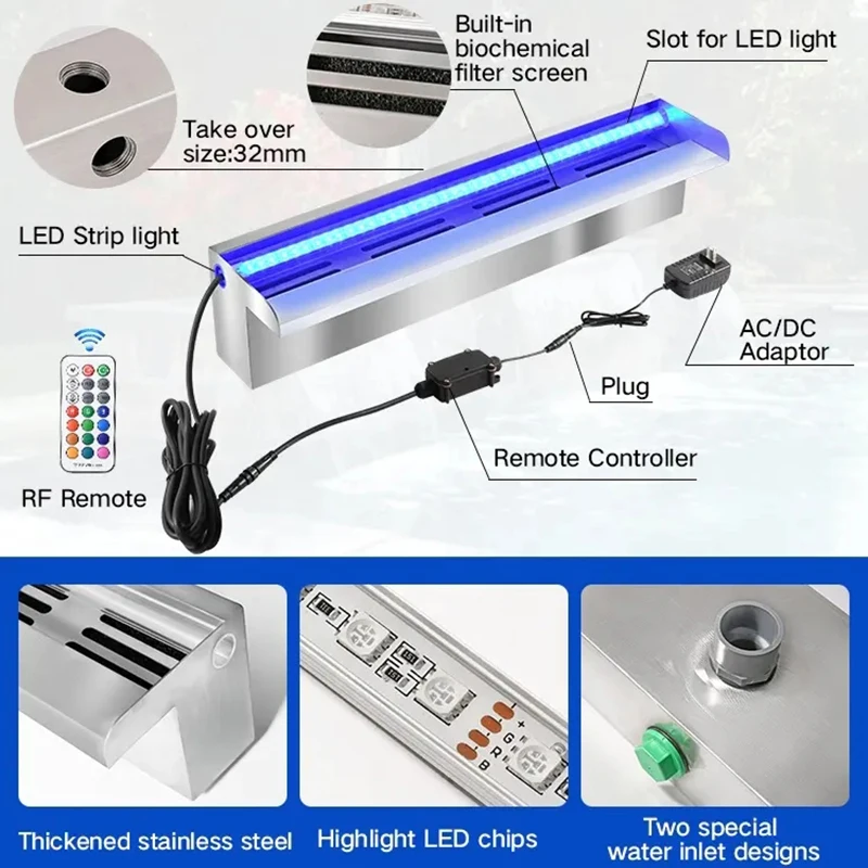 Imagem -03 - Lâmina de Água Cortina Característica de Iluminação Led Descida Pura Fonte de Cachoeira Cascata Piscina Exterior Aço Inoxidável