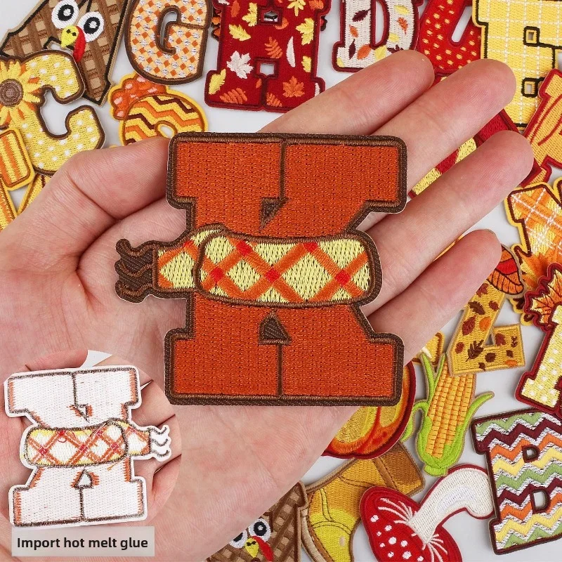 Thanksgiving Theme Embroidery Cloth Patches 26 English Letter Patch Pumpkin Autumn Harvest Embroidery Sticker