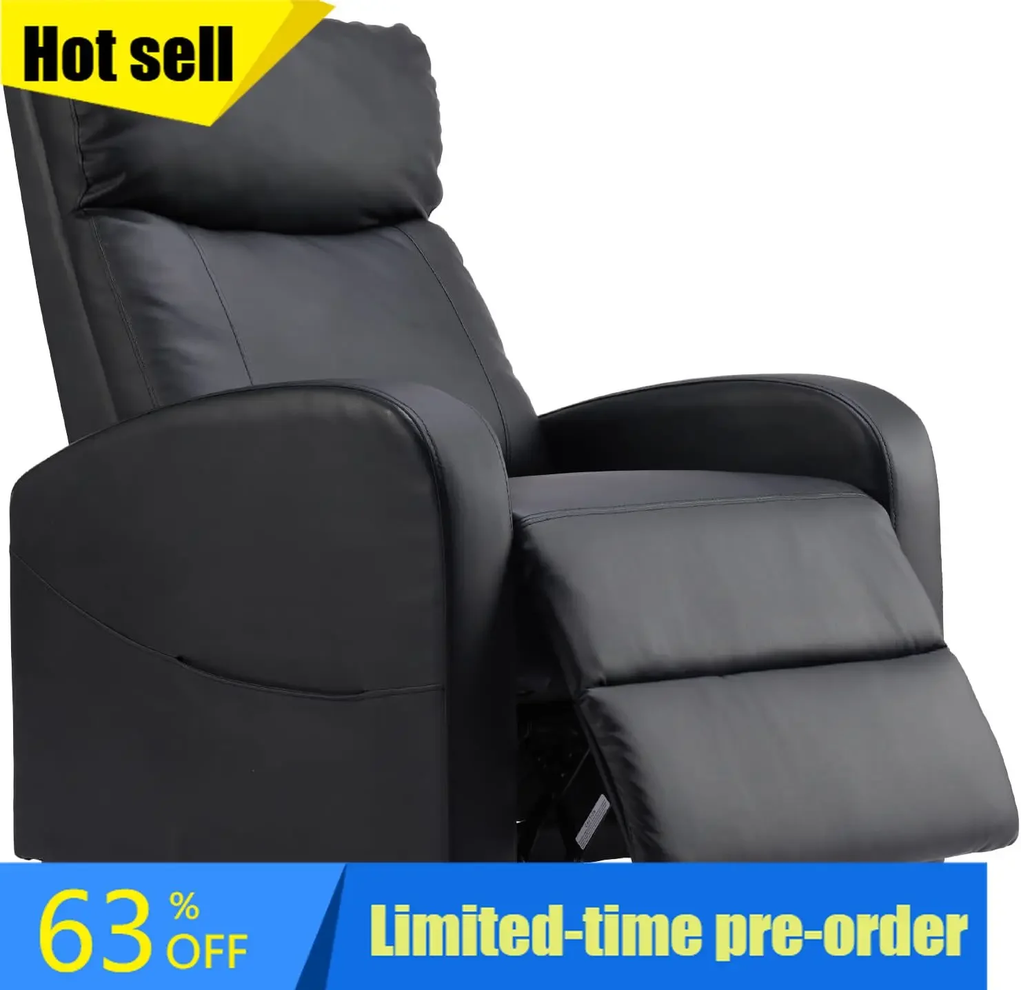 Black Push Back Adjustable Recliner Sofa PU Leather Home Theater Seating Lumbar Support High Density Sponge Living Room Recliner