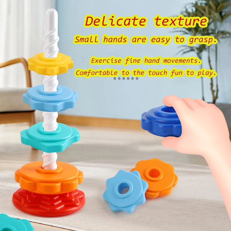 새로운 장난감 몬테소리 회전 레인보우 타워 스태킹 퍼즐 장난감 안전 및 환경 보호 컬러 어린이 장난감 선물