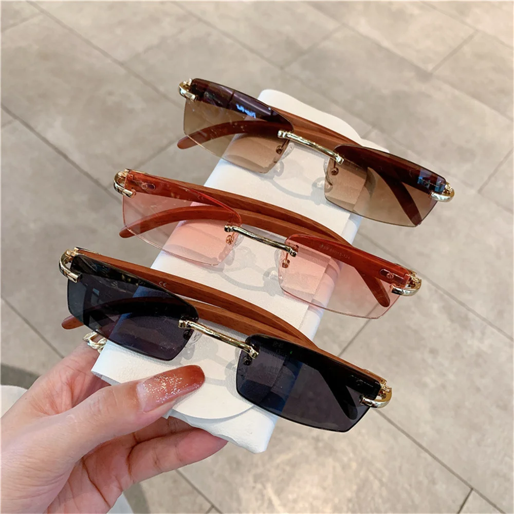 Rectangle Fashion Rimless Sunglasses Wooden Legs Eyewear For Women Men Frameless Shades Retro Vintage Trendy Car Glasses