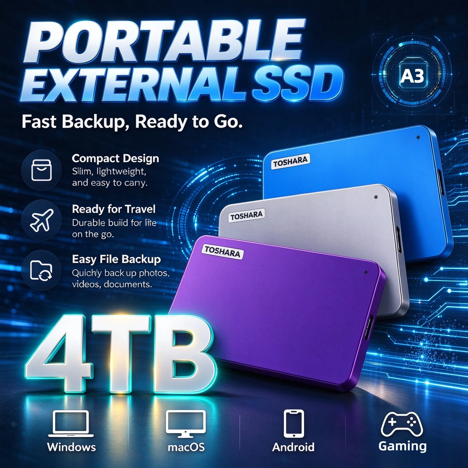 New A3 Hard Drive Canvio Ready USB 3.0 Portable External 2.5 Inch 1TB/2TB/4TB Compatible with Toshiba Laptop Mac Android Hot PC.