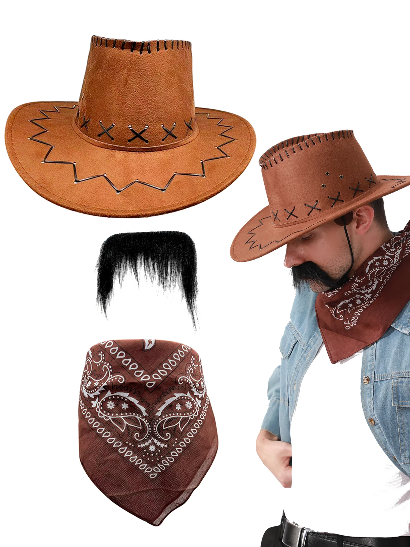 Western Cowboy Costume Set Brown Felt Hat Paisley Bandana Fake Mustache for Halloween Cosplay Country Party Fancy Dress