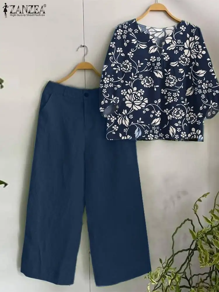 ZANZEA-Ensemble deux pièces pour femmes, tenue d'été bohème, manches 3/4, chemise florale, pantalon large, décontracté, survêtement de vacances, 2024