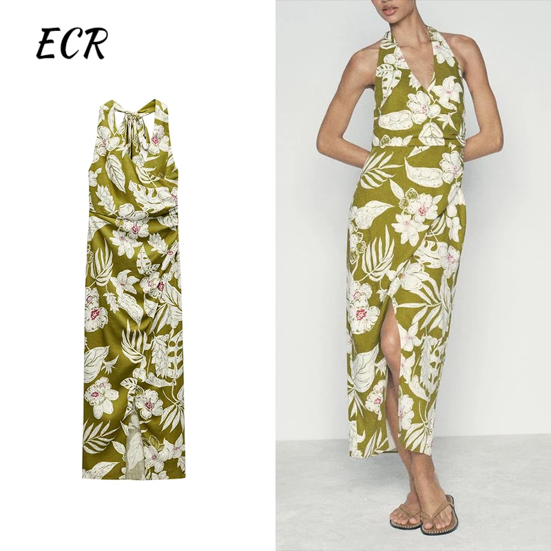 

ECR Hit Color Prinitng Long Dress For Women Halter Sleeveless Backless High Waist Elegant Floral Slimming Dresses Female New