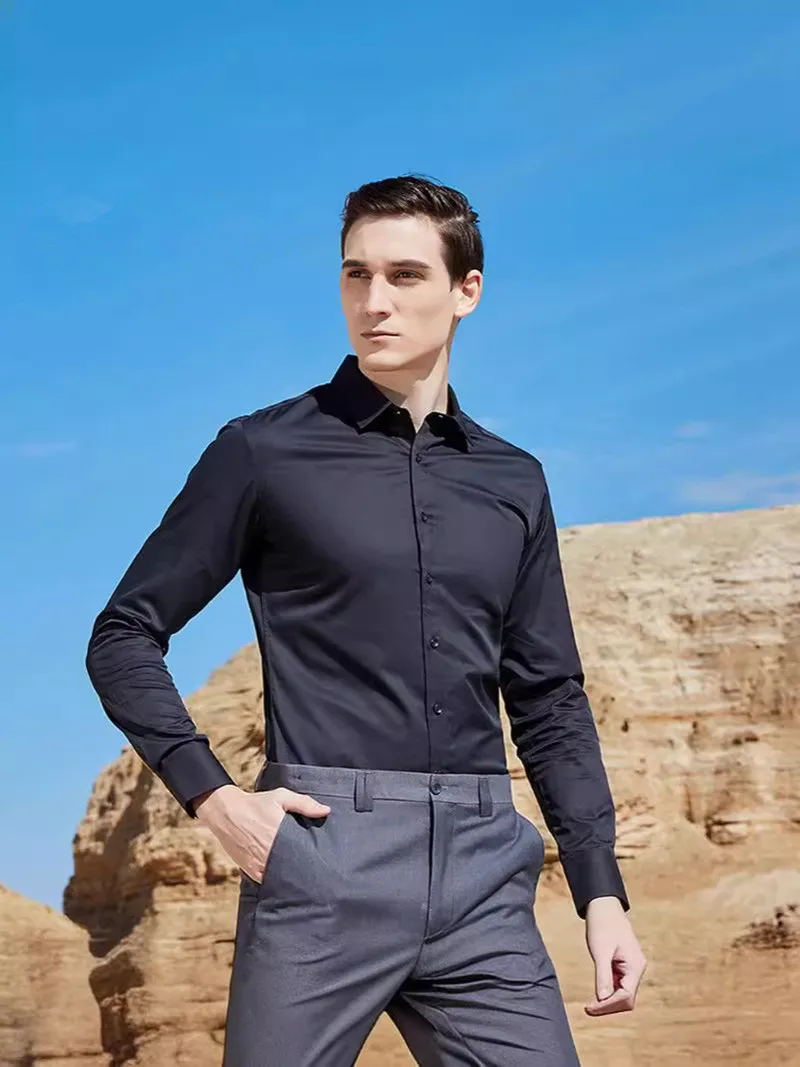 زائد 8XL 7XL 6XL الرجال قميص رسمي للأعمال كم طويل الربيع عادية تمتد المضادة للتجاعيد بلون فستان اجتماعي أسود أبيض 125 كجم