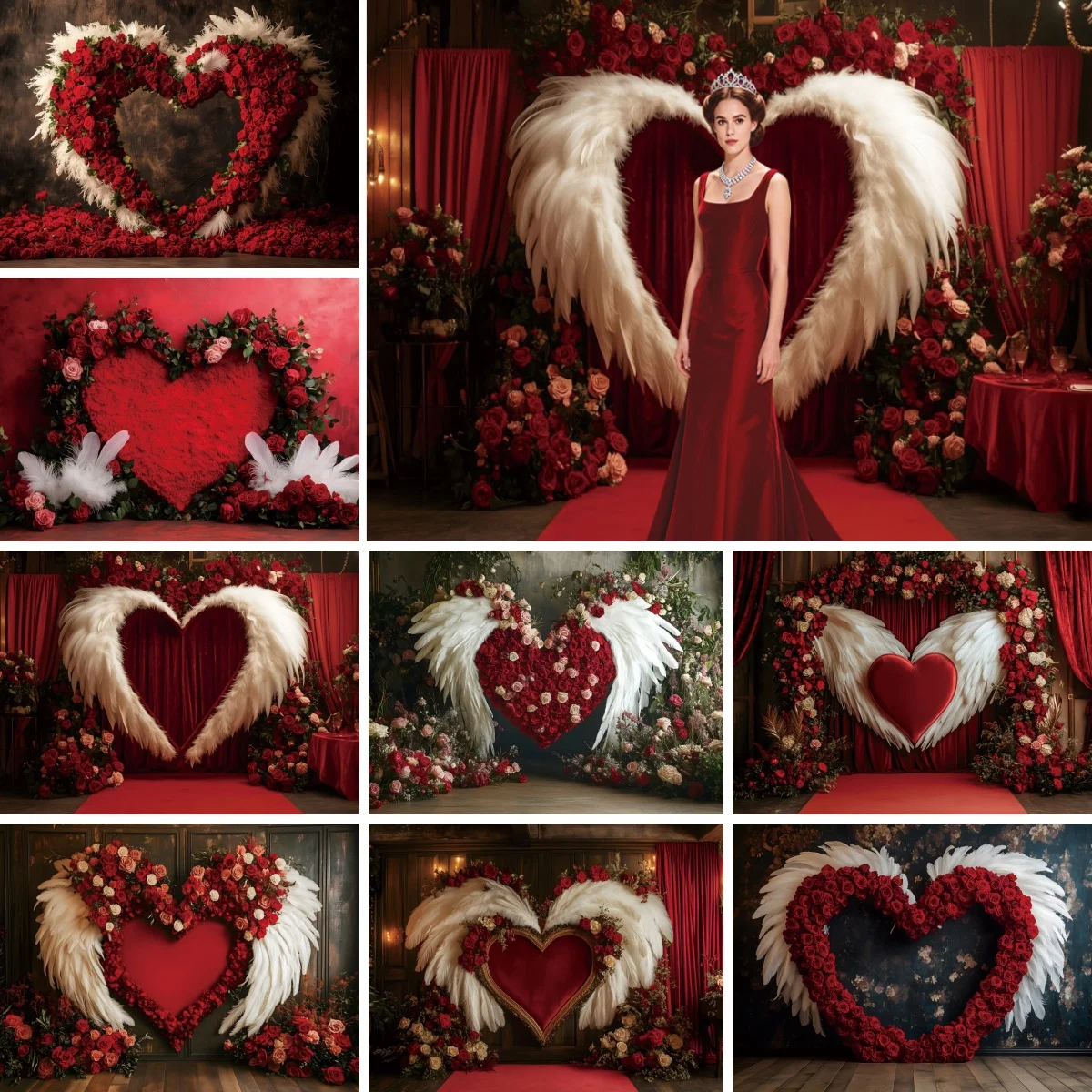 Valentine's Day Photography Background Retro Palace Red Curtain Wall Love Heart Roses February 14th Wedding Party Photo Backdrop