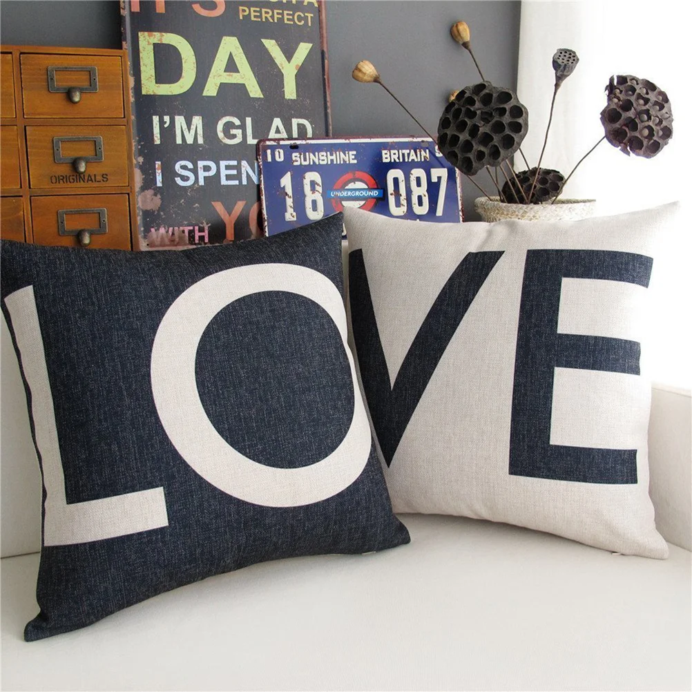 

2pcs 43*43Cm Cotton Linen Throw Pillow Case Love Design Square Cushion Cover Zipper Closure Home Decor Pillowcase Washable