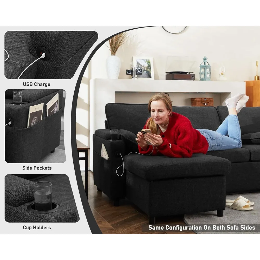 Sofa Bed Sleeper Pull Out 2 in 1 Sectional Sleeper Sofa Couches with Storage,USB, Cup Holder,Pullout Sectional Couches