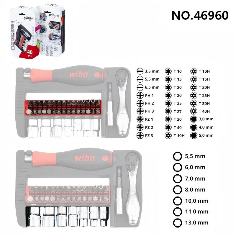 WIHA 40 piece set ratchet wrench set mini ratchet wrench socket screwdriver combination 46960