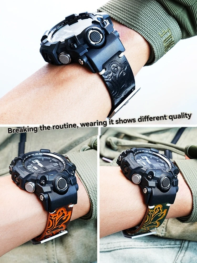 For Casio G-Shock Mudmaster 1st Gen  5463 GWG-1000-1A/GB Mod Vintage Engraved Leather Strap Replacement Retro Carved Watch Band