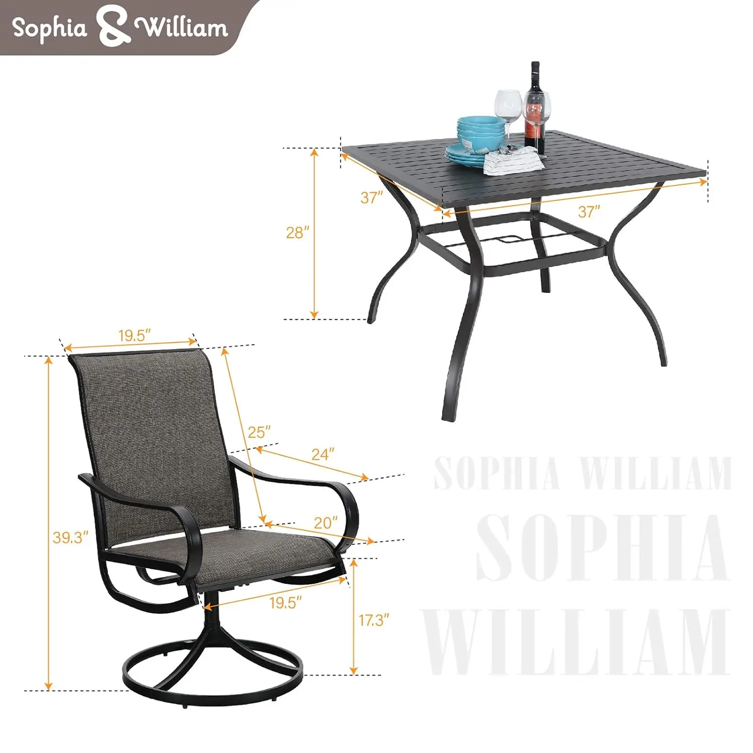 Patio Dining Set Square Table & Swivel Chairs for 4 Outdoor Garden, Customized