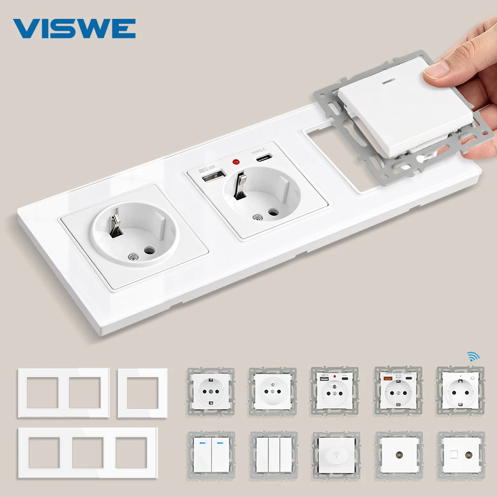 VISWE EU Wall Switch Power Socket 1/2/3 Gang 1/2 Way Free Combination Modular Electrical Outlet Glass Panel DIY Module for Home