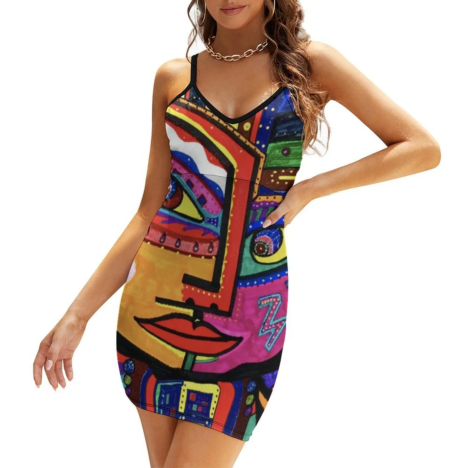 Funky Abstract Style Art Face with Dots and Stripes Throw Pillow for decoration and gift for mom, mum, mummy Sling Dress