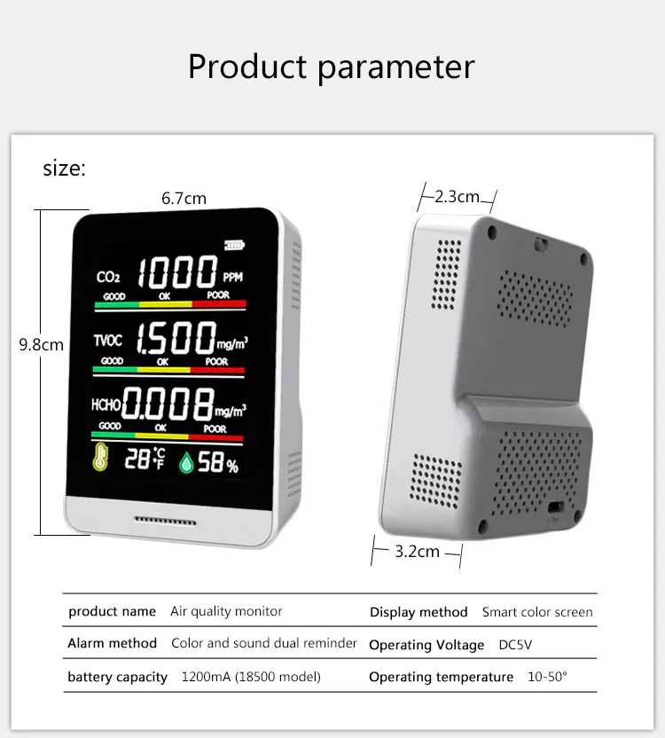 5 Trong 1 Bán Dẫn IC Cảm Biến CO2 Đo Chất Lượng Không Khí Màn Hình Medidor De CO2 TVOC HCHO Nhiệt Độ Độ Ẩm Không Khí Đầu Báo